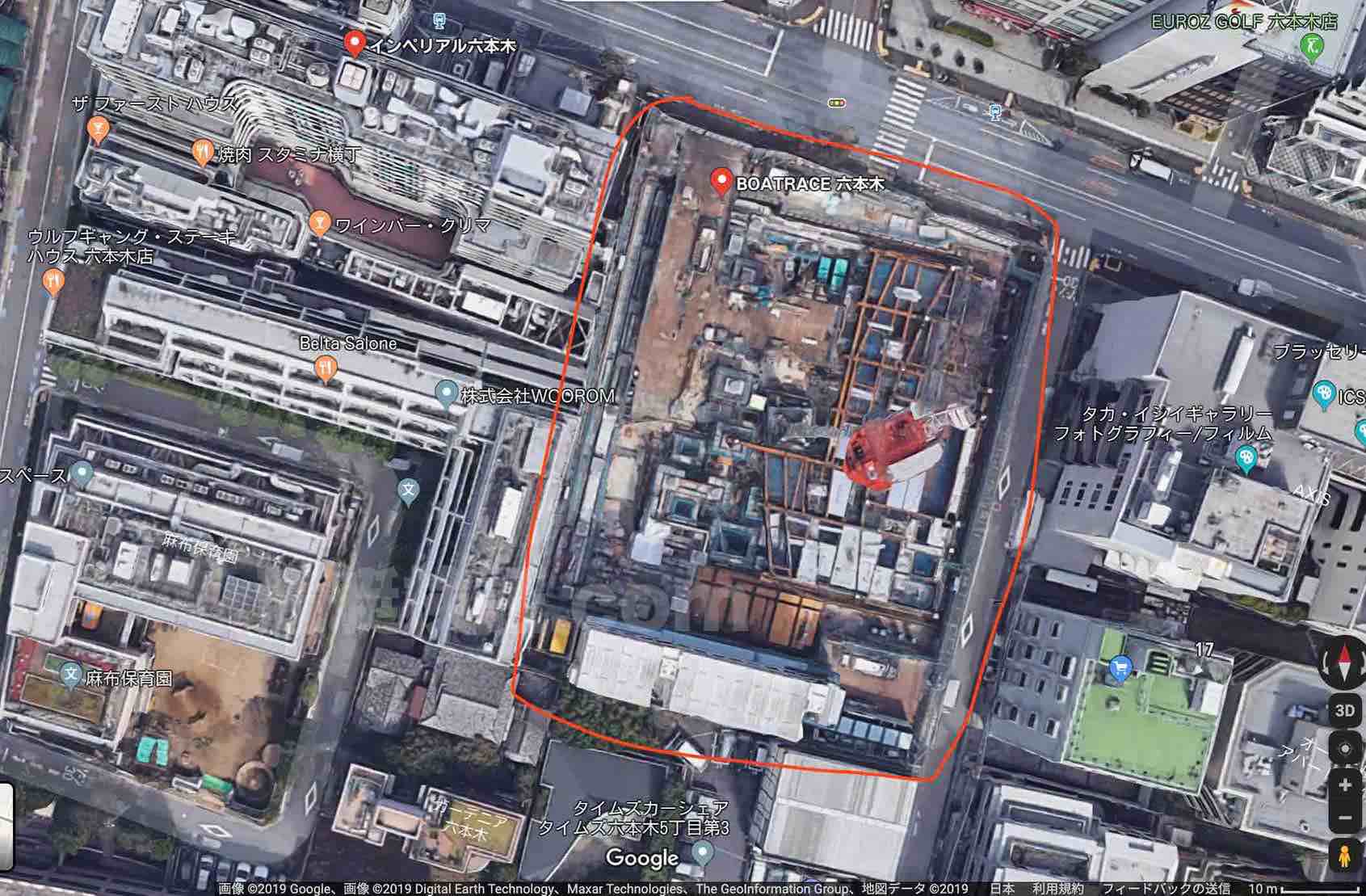 競艇BOATRACE振興会の本社ビル建設現場のgoogleマップによる上空写真